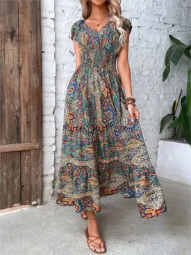 2024 Sexy A-line Maxi Short Sleeve Elastic Waist Boho Dress