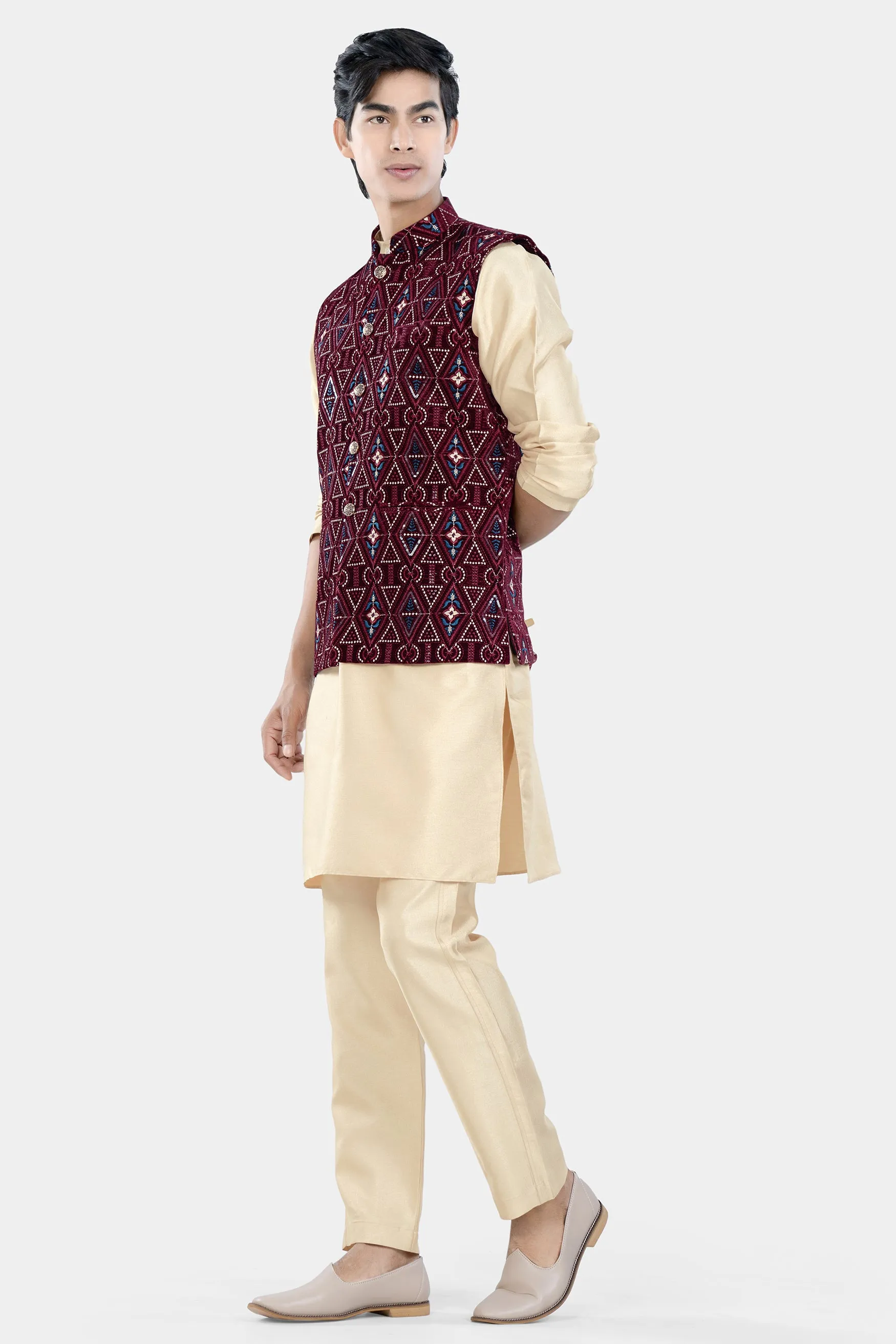 Almond Brown Kurta Set with Castro Maroon Geometric Thread and Sequin Embroidered Designer Nehru Jacket