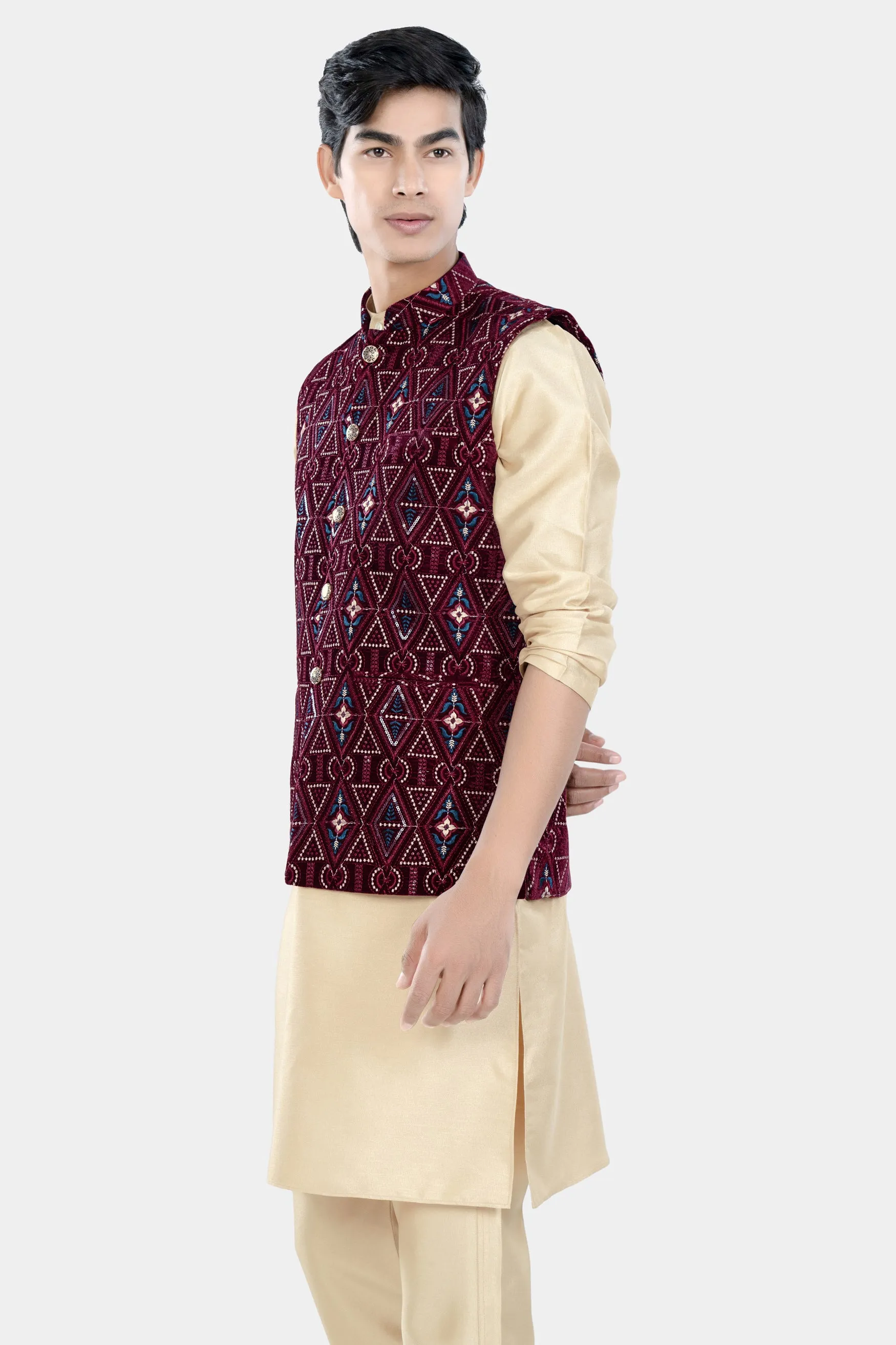 Almond Brown Kurta Set with Castro Maroon Geometric Thread and Sequin Embroidered Designer Nehru Jacket