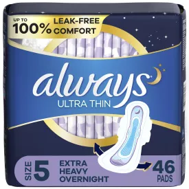 Always Ultra Thin Overnight Pads with Wings, Size 5, Extra Heavy Overnight Absorbency, 46 CT