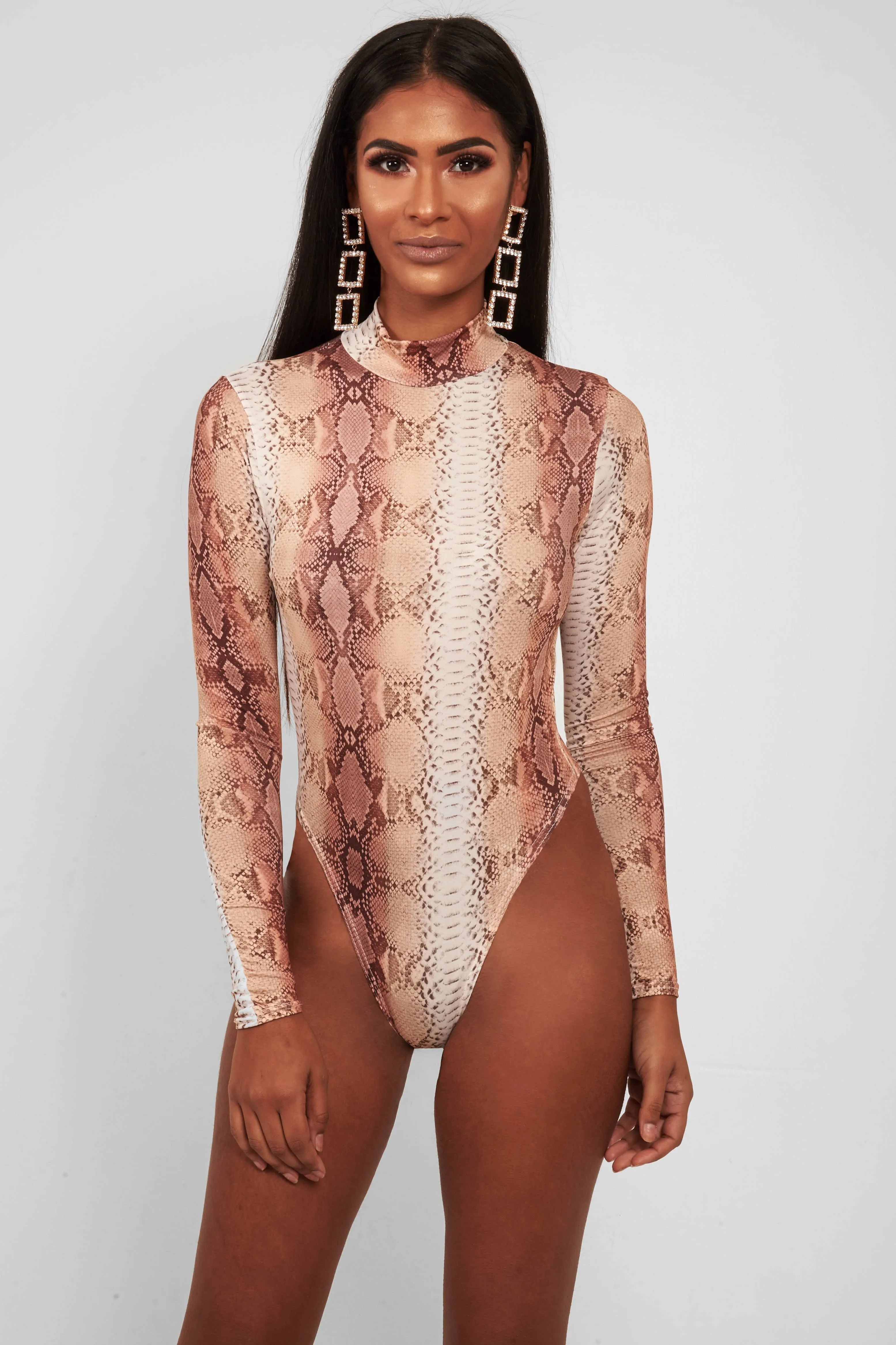 Beige Snake Print Slinky High Neck Bodysuit - Abira