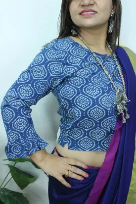 Blue Ajrakh Block Printed Cotton Crop Top Stitched Blouse