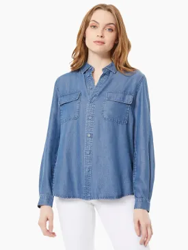 Button-Front Tencel Denim Utility Blouse