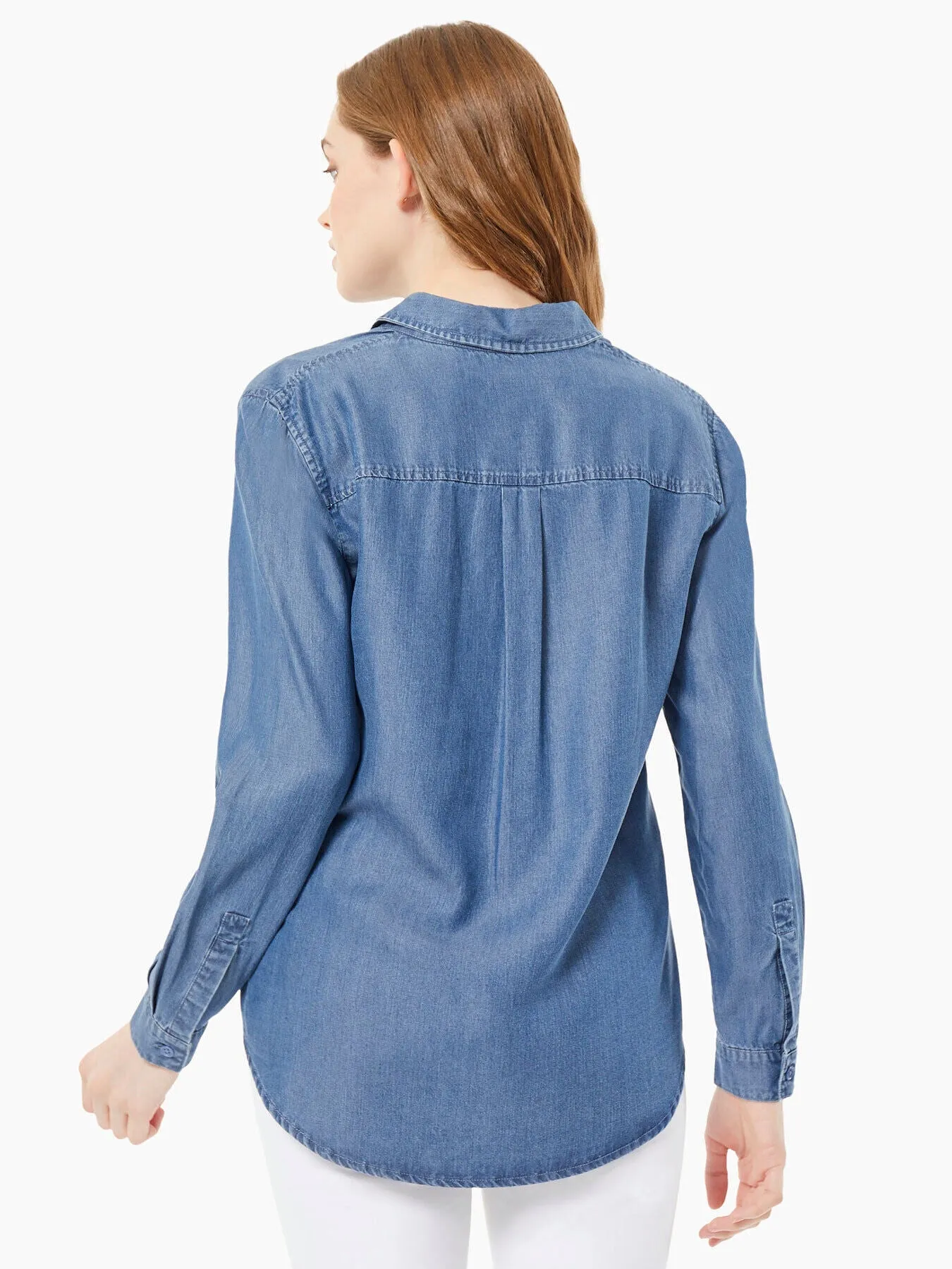 Button-Front Tencel Denim Utility Blouse