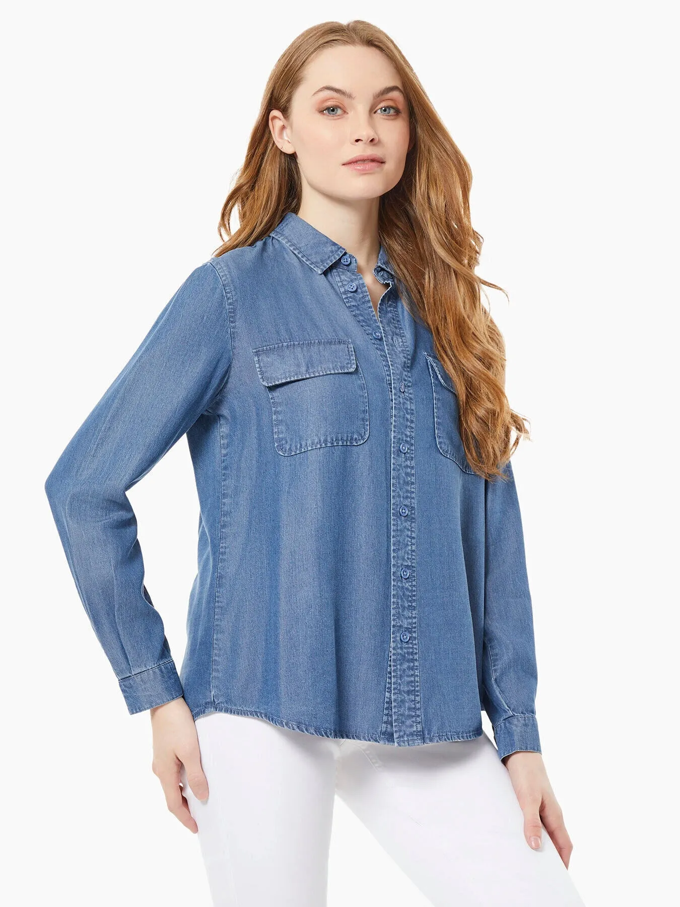 Button-Front Tencel Denim Utility Blouse