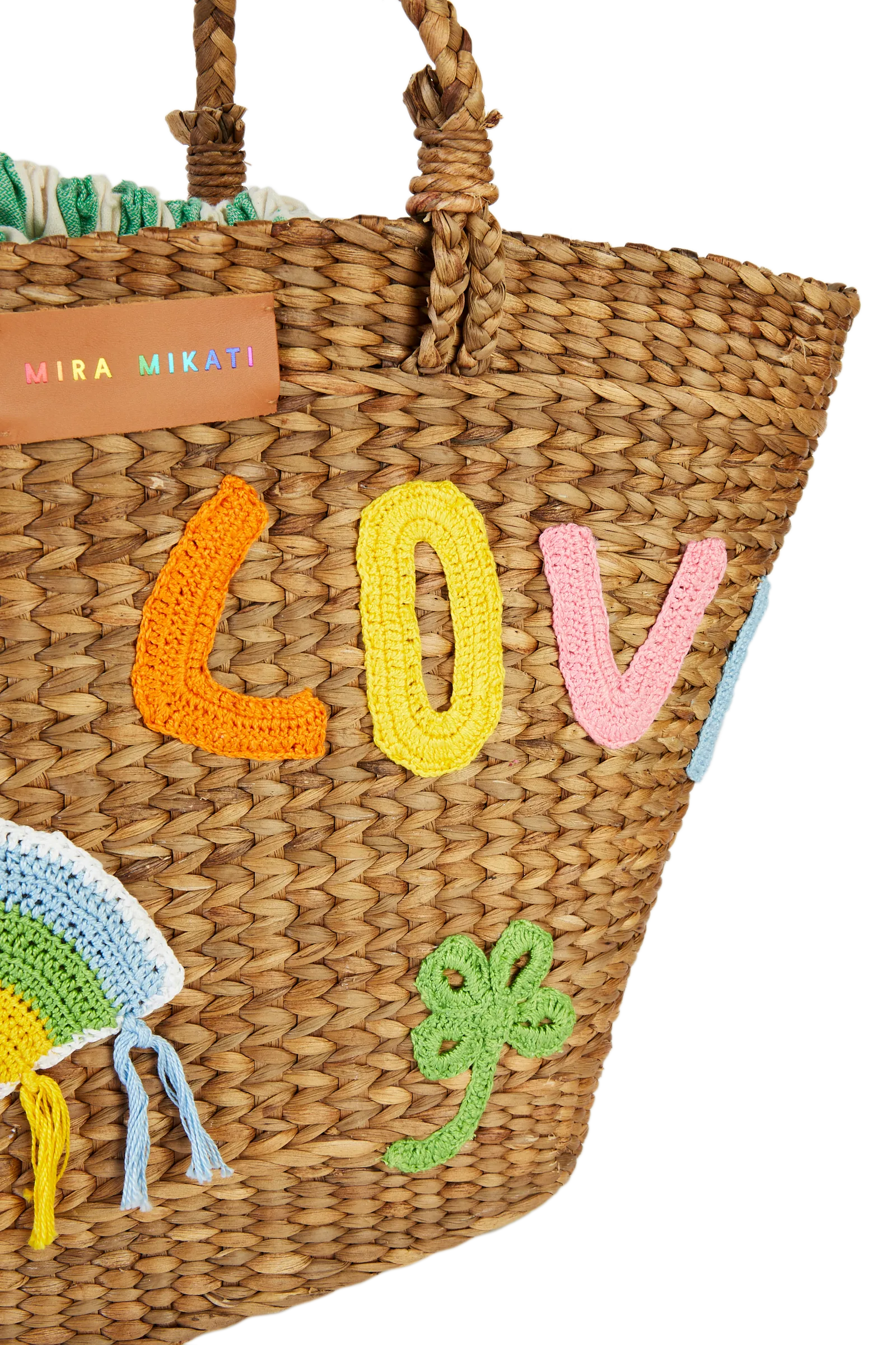 Crochet Applique Hyacinth Leaf Basket With Green Stripe Bag