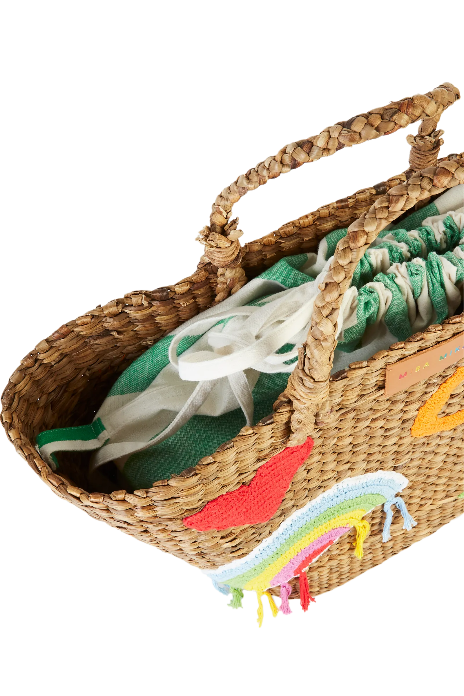 Crochet Applique Hyacinth Leaf Basket With Green Stripe Bag