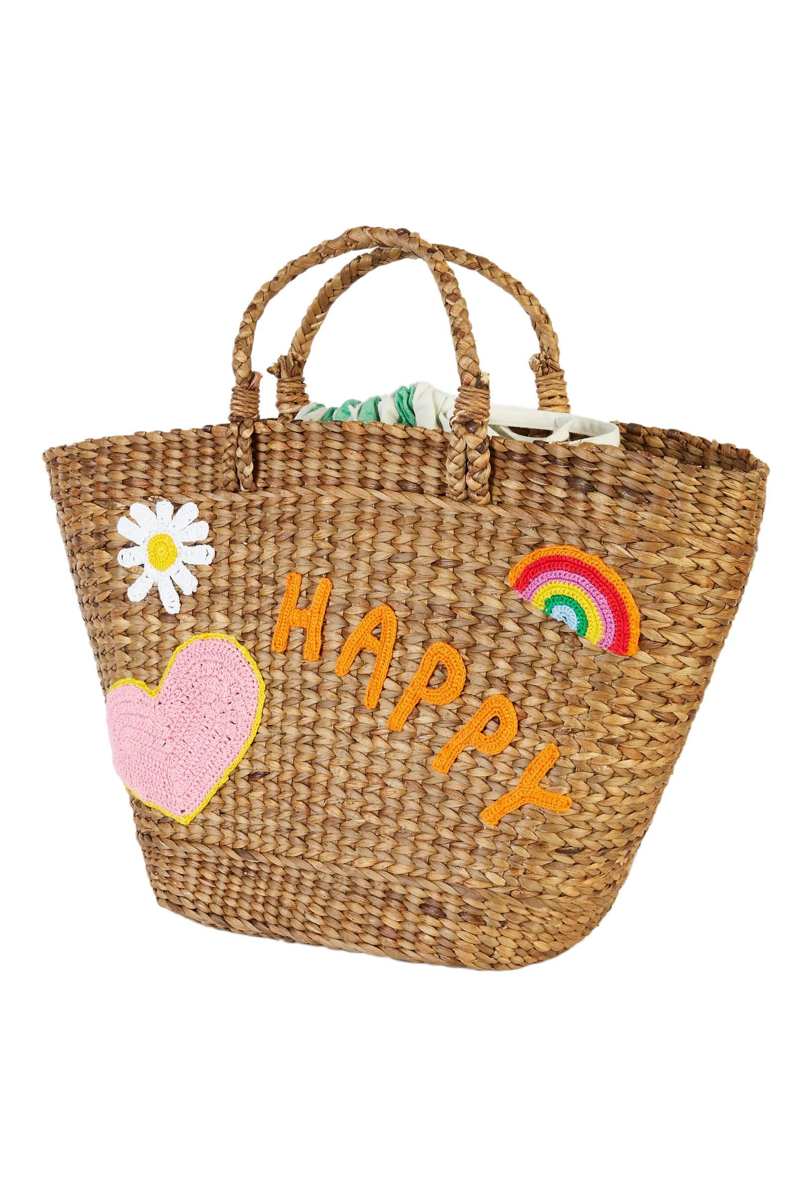 Crochet Applique Hyacinth Leaf Basket With Green Stripe Bag