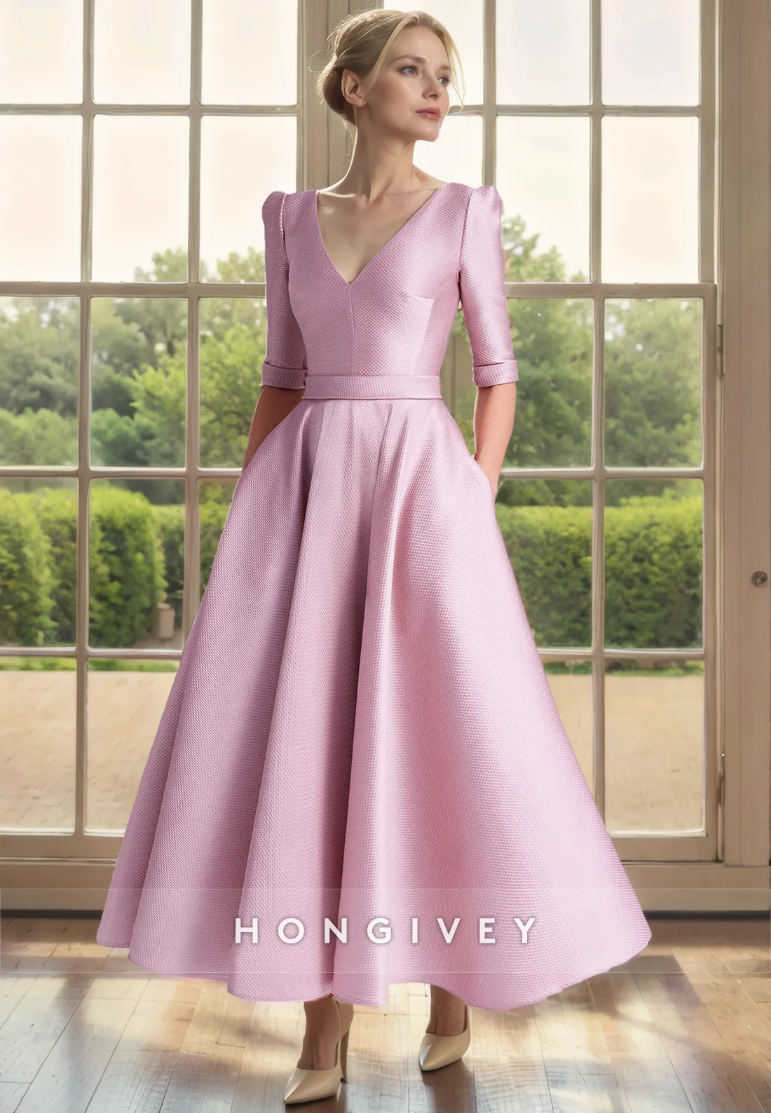 Elegant Satin A-Line V-Neck Half Sleeves With Pockets Mother of the Bride Dress