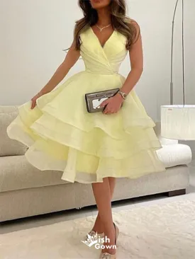 Elegant Yellow V-Neck A-line sleeveless Popular Cheap Short Homecoming Dresses, EPT194