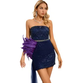 Glitter Galaxy Sequin Folded Strapless Ruched Sash Feather Trim Mini Party Dress