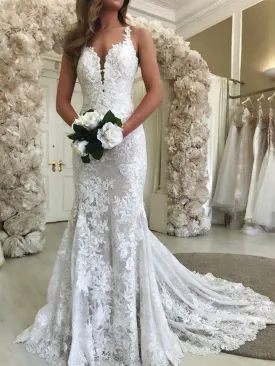 Lace Straps Long Mermaid Wedding Dresses, Affordable 2021 Wedding Dresses, Bridal Gown