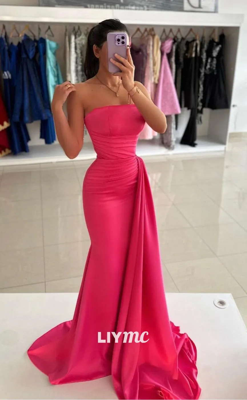 LP1063 - Strapless Satin Ruched Mermaid Formal Prom Dress