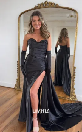 LP1129 - Sweetheart Satin Pleated Black Long Formal Prom Dress with Slit