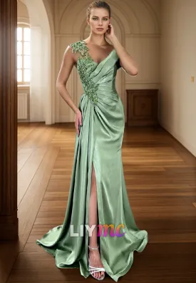 LP2268 - V-Neck Sleeveless Beaded Appliques Pleated Side Slit Sheath Prom Dress