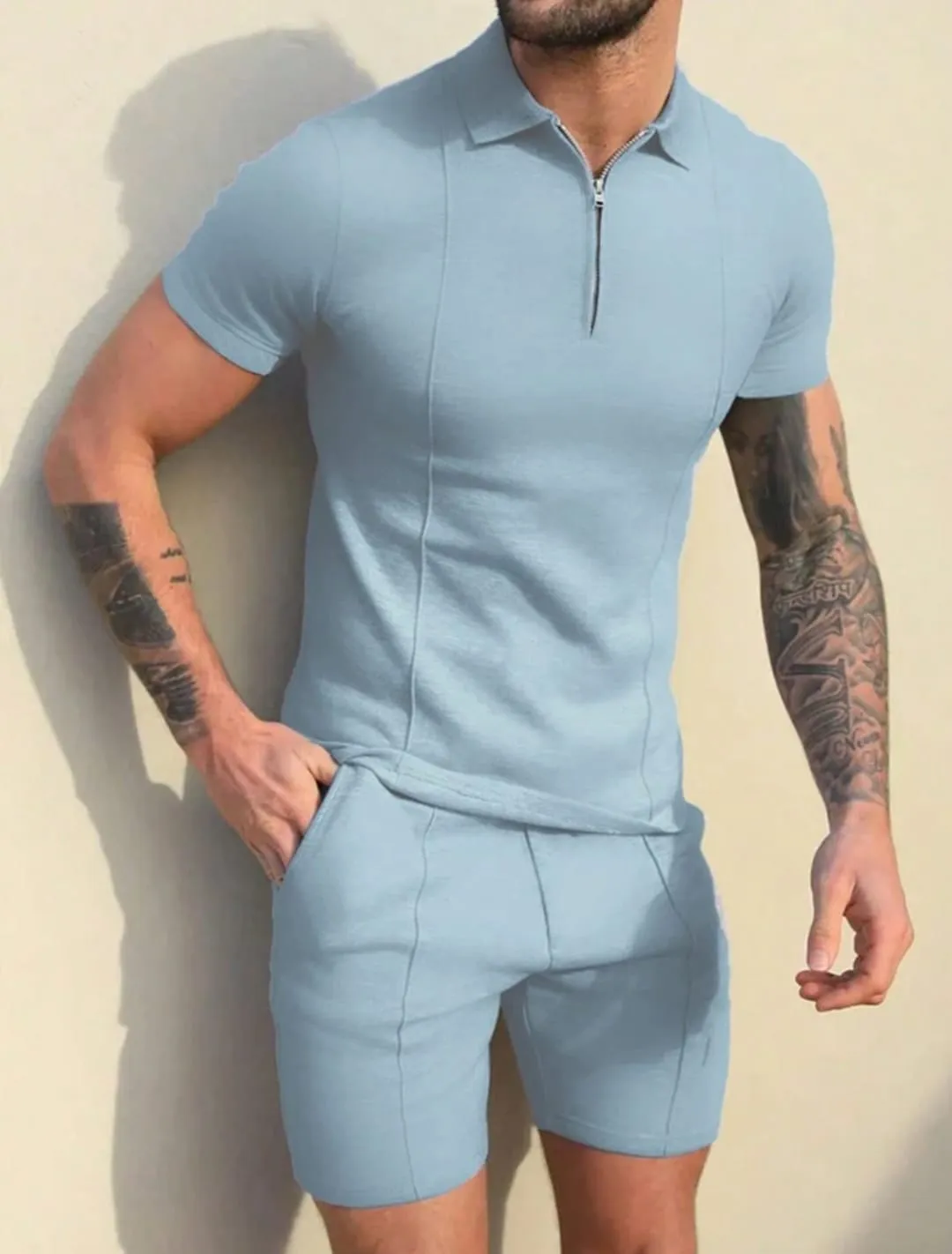 MEN SOLID COLOR TURN-DOWN COLLAR CASUAL SHORT SLEEVE T-SHIRT AND DRAWSTRING SHORTS SET