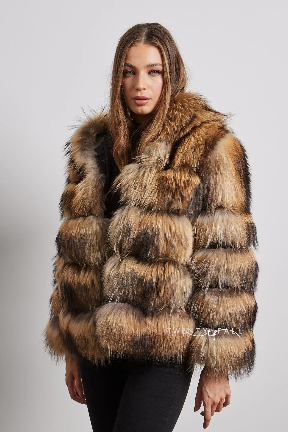 Natural Raccoon Fur 5 Ring Coat with Hood