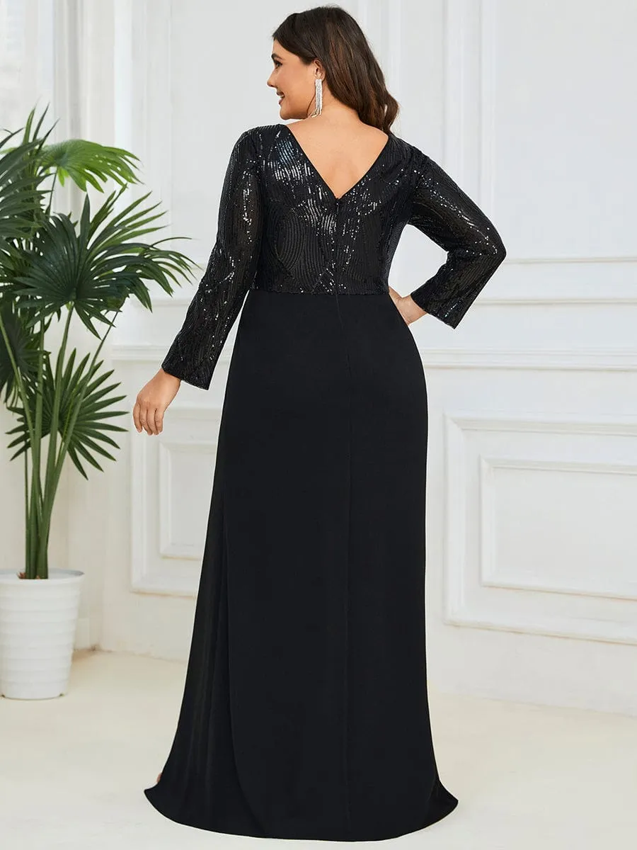 Sequin Long Sleeve V-Neck High Slit Evening Dress