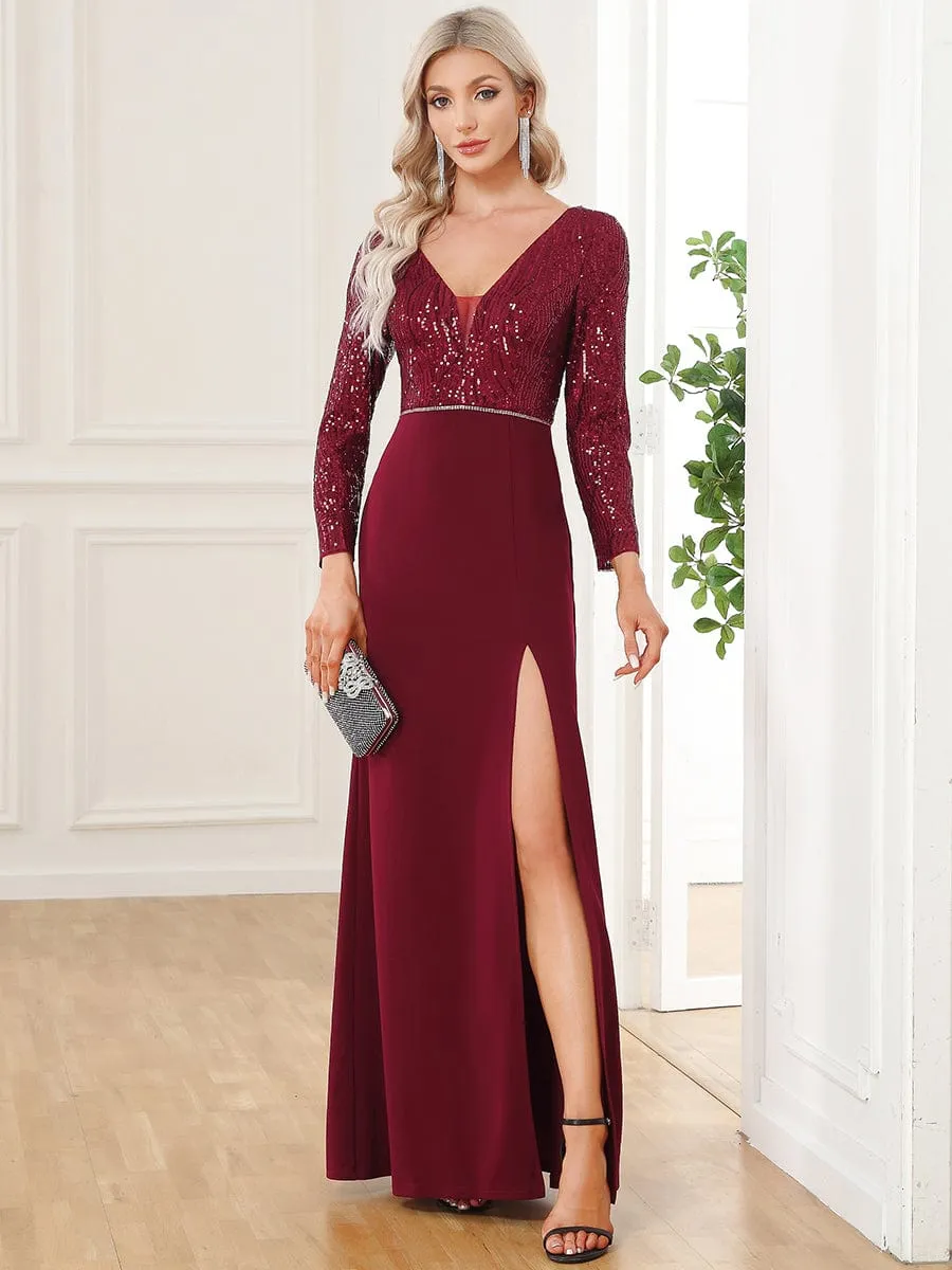 Sequin Long Sleeve V-Neck High Slit Evening Dress