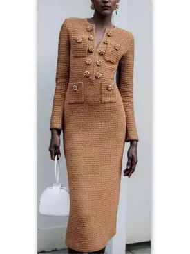 Women’s Decorative-Button-Embellished Brown Knit Midi Dress